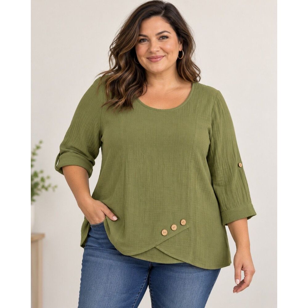 Soft Surroundings PXL Petite XL Olive Green 100% Cotton Gauze Tunic Boho Top